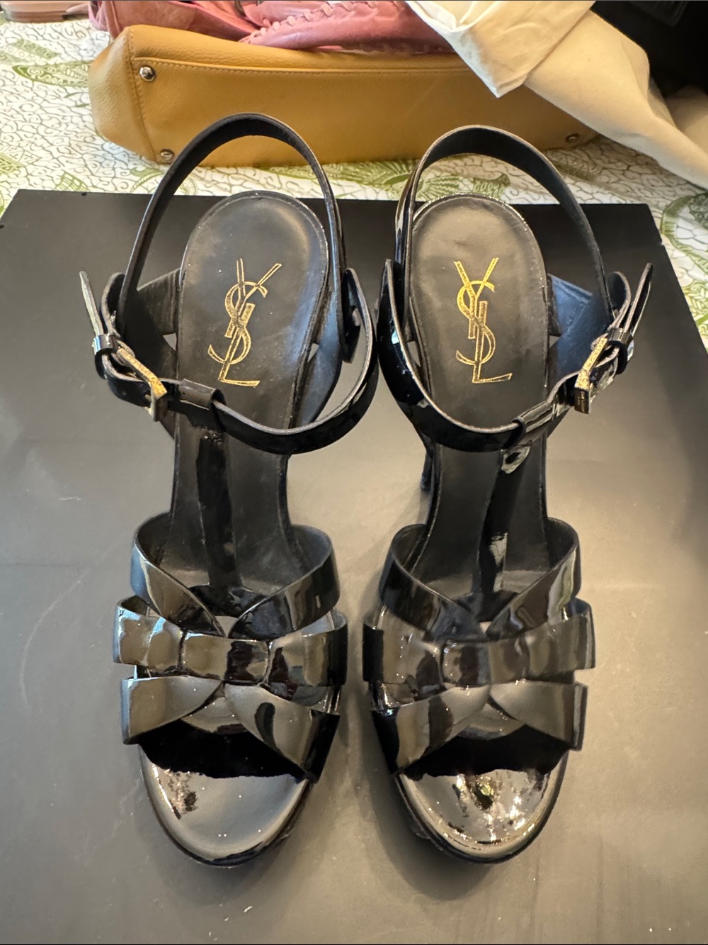 Saint Laurent Black Patent Leather Bow-Front Platform Sandals